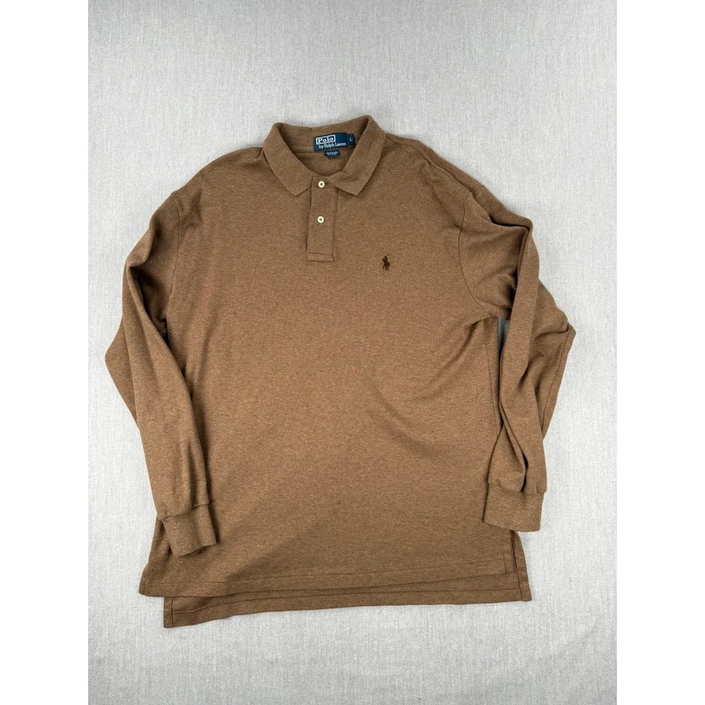 Polo Ralph Lauren Mens Brown Long Sleeve Cotton Polo Shirt Large L‎ Pony Logo
